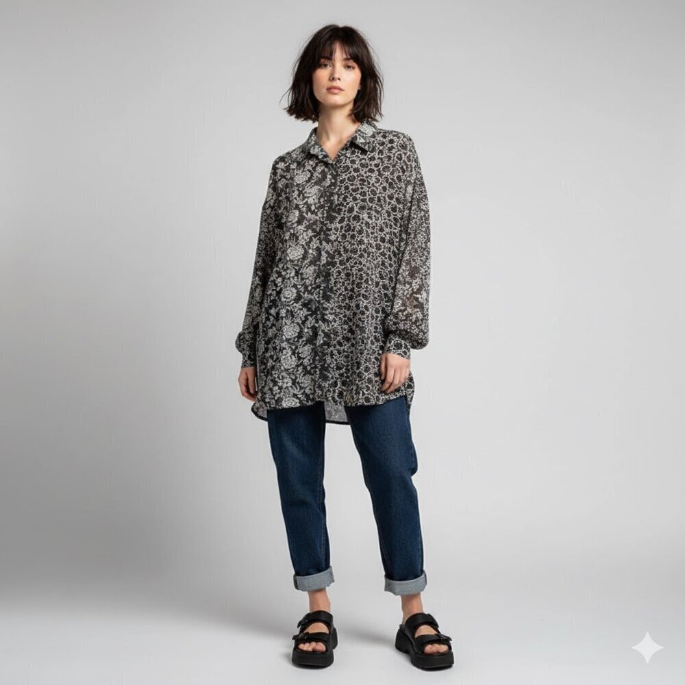 Y2K VINTAGE Express Mixed Pattern Oversized Slouchy Tunic Top | Size Large